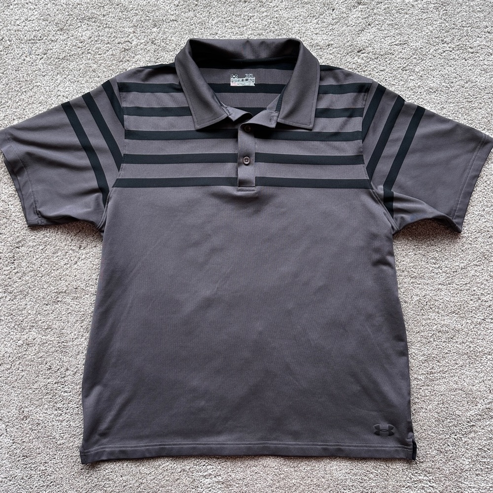 NWOT Under Armour Mens HeatGear Gray with Black Stripe Performance Polo, X-Large